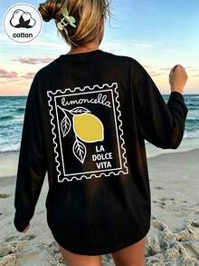 Women's Casual Long Sleeve Round Neck Printed T-Shirt, 100% Cotton Top, Suitable For Daily Wear - Black - View 6