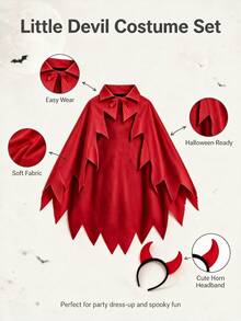 Children's Halloween Devil Cape Set, Red Little Devil Cloak + Horn Headband, Cos Stage Costume - Multicolor - View 4