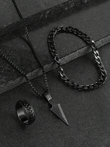 3 件套男士休闲/运动项链、手链和戒指套装，简约链条设计，日常佩戴 - 黑色 - 查看 7