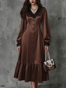 Women Elegant Satin Midi Dress, V-Neck Black Lace Trim Lantern Long Sleeve Button Front Ruffle Hem Formal Party Dress - Brown - View 2