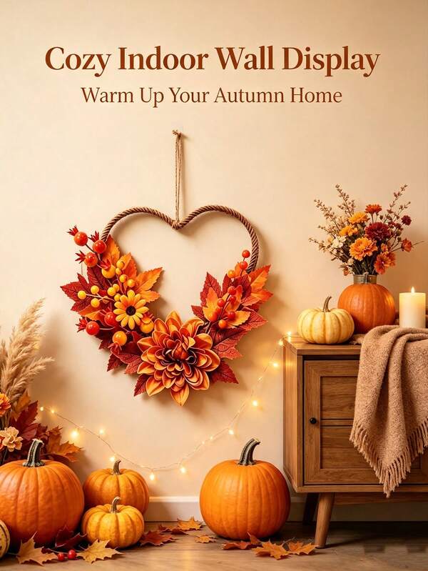 1pc Autumn Maple Leaf Pendant, Artificial Berry Sunflower Hanging Decor, Heart-Shaped Wreath, Creative Vintage Style, Suitable For Bedroom, Window, Entrance, Wall Decoration, Home Decor, Room Decor, Best Gift Choice For Wedding Season, Graduation Season, Back To School, Halloween, Christmas, Autumn Harvest Thanksgiving Atmosphere Decoration, Pastoral Style Artificial Flower Pendant, Autumn Harvest Theme Heart-Shaped Wreath, Autumn Decoration
