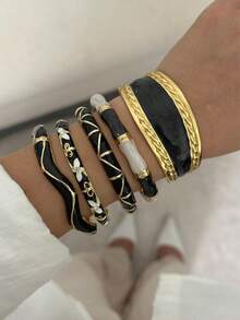 Vintage Black & Gold Enamel Bracelet Set, French Palace Style Drip Oil Open Cuff, Layered Stackable Atmospheric Jewelry - Multicolor - View 2