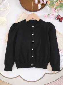 Tween Girl Knitted Round Neck Cute Puff Sleeve + Button Bow Design, Elegant Suitable For Outings Or Parties - Black - View 1