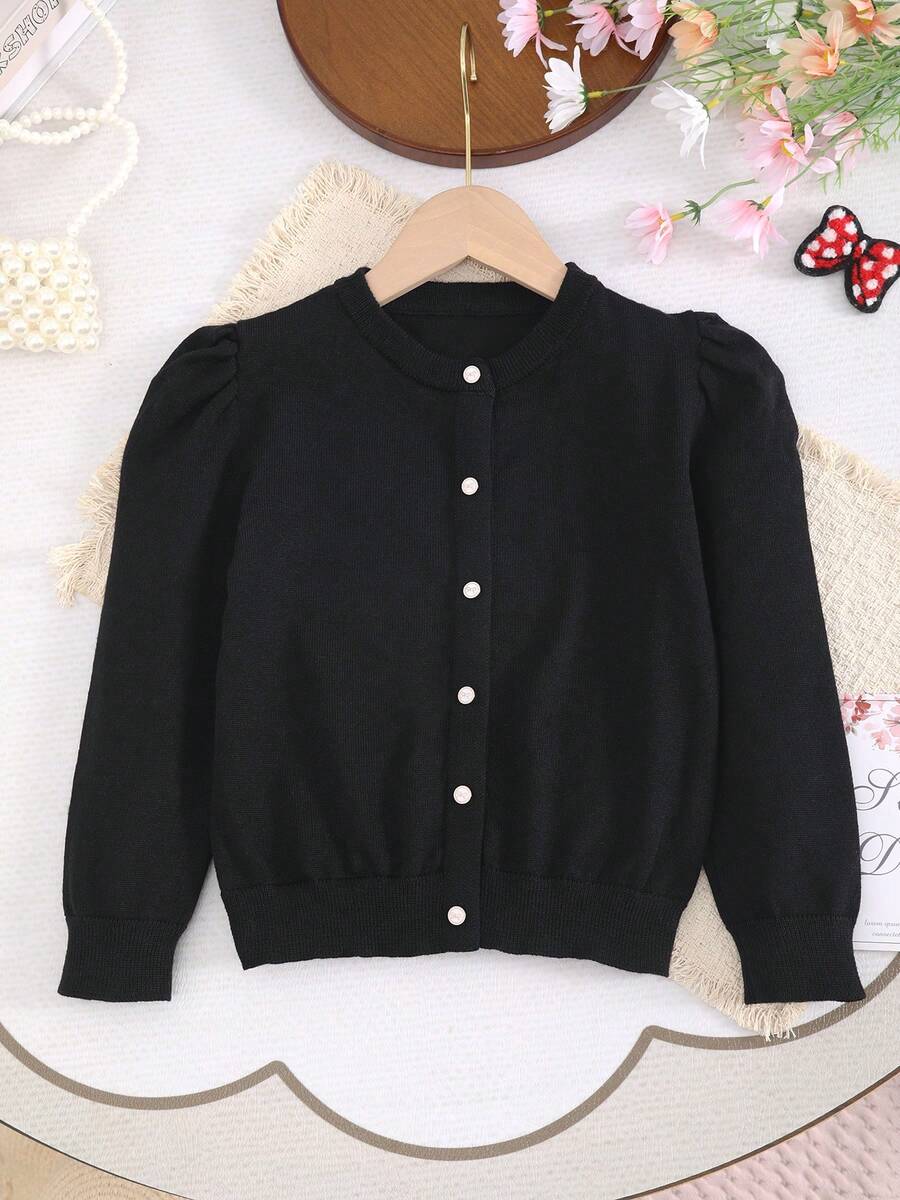 Tween Girl Knitted Round Neck Cute Puff Sleeve + Button Bow Design, Elegant Suitable For Outings Or Parties - Black - View 1