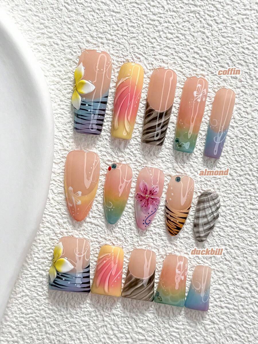 10件度假風手工穿戴甲，Poly Gel美甲套組，花卉圖案，藍黃配色，柔和手繪風格，含美甲工具，3種尺寸可選，杏仁/鴨嘴/棺材形，適合派對、跳舞、日常配戴 - 彩色 - 查看 1
