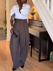 SMILE CHIC 2026 Autumn/Winter New Back To School Season Vintage Versatile Curved Pleated Wide-Leg Pants, Simple Tailored Cut, Height-Enhancing And Slimming - Khaki - View 6