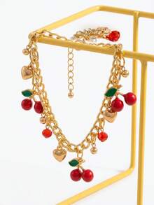 1 Sweet And Cute Cherry Alloy Heart Bow Pendant Adjustable Bracelet Necklace - Gold - View 6