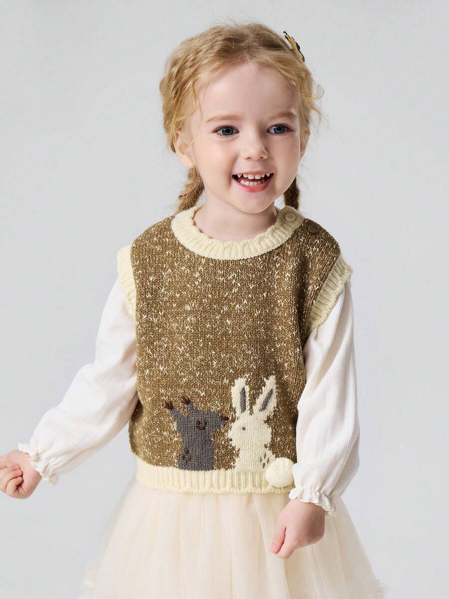 mini bala Cute Autumn Baby Girls Knit Sleeveless Vest Lovely Animal Pattern Soft Cozy Layering Sweater - Brown Tone - View 1