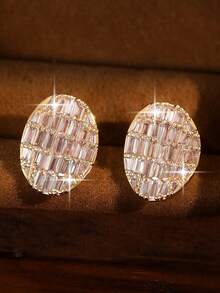 1pair Glamorous Oval Cubic Zirconia Stud Earrings,Geometric Jewelry Accessory For Daily Wear,Holidays Gifts,Aesthetic - Yellow Gold - View 5