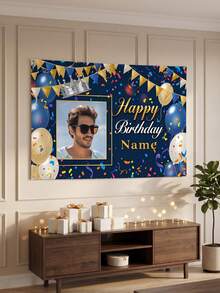 1pc - Customized Birthday Celebration Backdrop, Customized Blue & Gold Theme Printed Poster - Personalized Gold & Colorful Confetti And Star Decorations, Suitable For Celebration Party, Birthday Gathering, Home Decor Background, Customizable For Anniversary, Personalized Birthday Party, Customized Photo And Name Poster - Multicolor - View 6