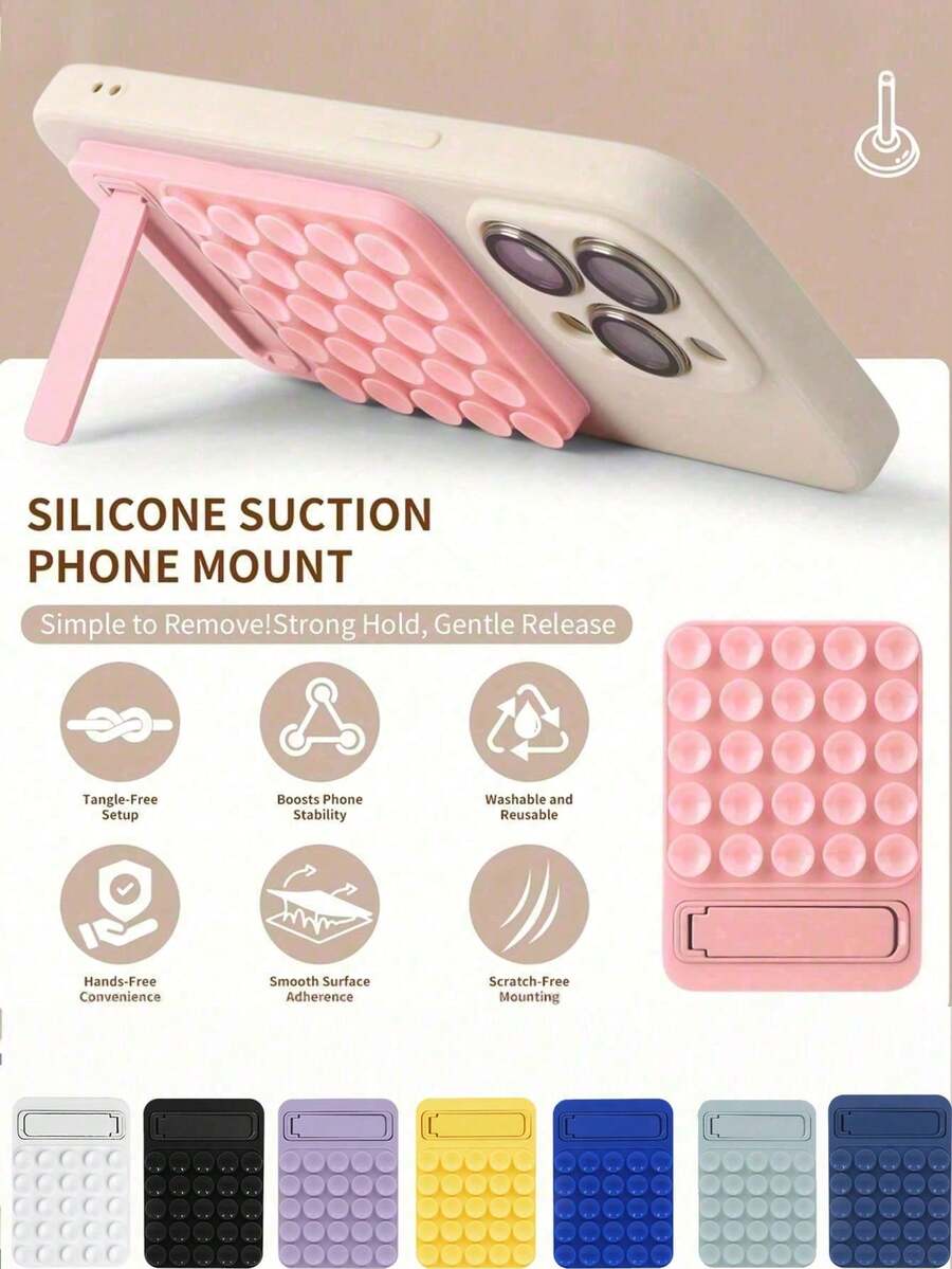 1pc Macaron Color Silicone Suction Cup Phone Holder, With Hidden Foldable Support Stand, Ultra-Thin Washable Reusable Non-Slip Phone Stand, Suitable For Bathroom Mirror, Glass Wall, Desktop And Other Smooth Surfaces, Hands-Free Video Watching For Home Or Office