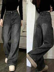 Teen Girls' Fashion Versatile Black Wide Leg Pockets Casual Jeans - Black - View 5