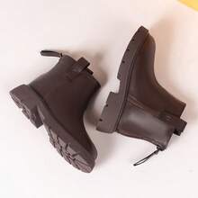 Children's Brown Leather Chelsea Boots, Thick Sole Chunky Heel Short Ankle Boots With Zipper, Toddler Kids Non-Slip Casual Winter Shoes - Brown - View 7