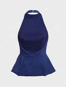 Blus Peplum Wanita Tanpa Lengan dengan Atasan Halter dan Punggung Terbuka, Gaya Kasual untuk Bepergian, Pergi Keluar, Kencan, Musim Gugur dan Musim Dingin - Navy Blue - View 6