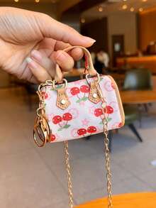 1pc Cute Cherry Pattern Mini Handbag Crossbody Bag, Portable Lipstick Holder Keychain With Detachable Metal Chain, Zipper Closure, Can Store Lipstick, Earphones And Other Small Items, Fresh Girly Style Versatile Mini Storage Bag - Pink - View 3