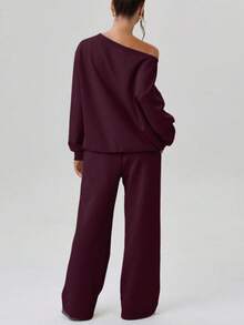 Solid-Color Slanted Shoulder Design Sporty Casual Fashion Two Pieces Set - Purple - View 2