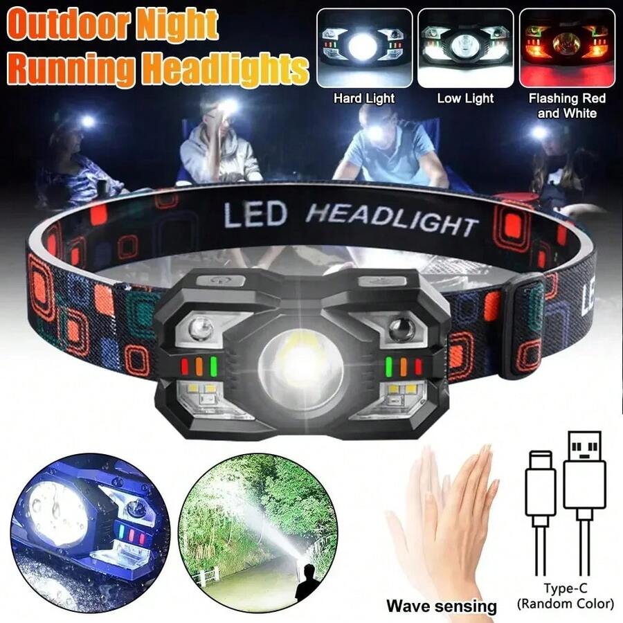 KENSUN 1pc Rechargeable Headlamp With Motion Sensor, Portable LED Headlight, Waterproof Headlamp Flashlight, Suitable For Camping, Fishing And Other Outdoor Activities, Camping Accessories