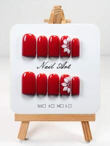 YINZIJIA 10 Pieces, Handmade, Wine Red Floral Gradient, Subtle Differences=Unique Handmade Short Square Pure Handmade Nail Board Set, Suitable For Daily Holiday Wear, Including 1 Nail File And 1 Piece Of Jelly Glue - Multicolor - View 10