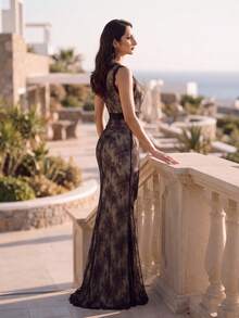 優雅無袖花卉對比蕾絲魚尾晚禮服，深V領緞面腰帶抓皺長洋裝，適合婚禮賓客、派對、舞會、節慶 - 黑色 - 查看 1