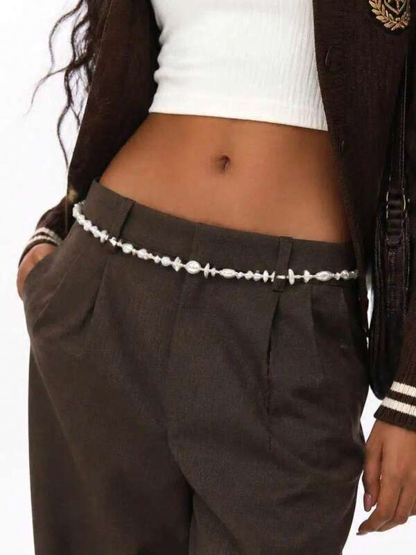 1pc Vintage White Women's Pearl Waist Belt, Belts, Elegant Waist Belt, White Belt, Festival Accessories, Autumn, Accessories, Fall Accessories, Wedding, Vacation, Party