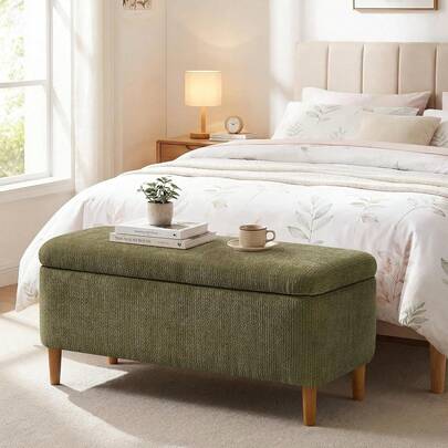Modern Fabric Storage Ottoman Bench, Upholstered Bed End Seat With Hidden Organizer Box, Sturdy Wooden Legs Footrest Furniture For Entryway Hallway Bedroom, Beige