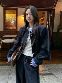 Women's Colorblock Single-Breasted Casual Versatile Daily Long Sleeve Jacket - Navy Blue - View 3