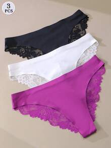 3件組女款性感蕾絲與絲綢內褲內衣 - 彩色 - 查看 3