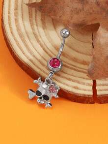 1pc Rhinestone Skull Belly Ring, Pink Rhinestone Heart-Shaped Middle Jewelry, Gothic Halloween Women's Navel Ring - Style 1 - View 4