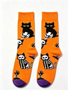 1 Pair Halloween Black Cat Skeleton Jacquard Mid-Calf Socks, Unisex, Colorblock Retro Quirky Cartoon Cat & Skeleton Pattern, Personalized Comfortable Sweat-Absorbent Socks For Party And Daily Wear, Autumn/Winter - Multicolor - View 4