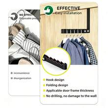 Basic Living 1pc/2pcs Over-The-Door Hook Hanger, Foldable Over-The-Door Storage Rack, Space-Saving Hanging Storage Rack, Suitable For Bedroom, Bathroom, Hanging Clothes, Coats, Towels, Black - A - View 10