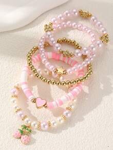 NAIZHU 5pcs/Set Gelang Manik-Manik Manis Warna Pink, Terbuat dari Tanah Liat Lembut, Liontin Hati, Ceri, dan Bintang, serta Mutiara Imitasi dan Karet Gelang. - MultiWarna - View 14