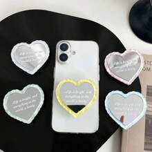 1pc English Heart Mirror Makeup Phone Stand Airbag Telescopic Phone Back Sticker Desktop Movie Watching Stand Portable - Multicolor - View 2