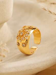 1pc Vintage Copper Inlaid Cubic Zirconia Star Flower Decor Open Cuff Ring For Women Daily Party Date Jewelry - Multicolor - View 1