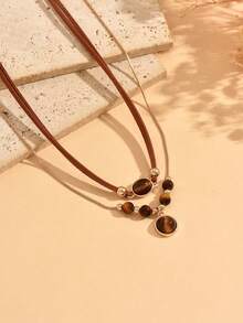 2pcs/Set Vintage Casual Brown Cord Decor Tiger Eye Stone Pendant Necklace Fashion Popular Women's Neck Jewelry Suitable For Daily Wear, Outings, Shopping, Vacation And Travel - Multicolor - View 3