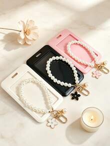 Women's Faux Pearl Flower Ring Lanyard With ID Card Holder, Cute Beaded Phone Case Keychain, Bag Charm, Suitable For Women, Students, Teachers - Multicolor - View 1