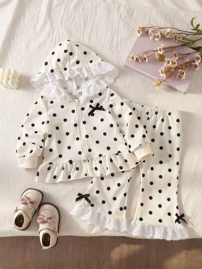 Baby Girls' Autumn New Apricot 3D Bow Polka Dot Lace Hooded Long Sleeve Zip-Up Sweatshirt Top With Wide Leg Pants 2 Pieces Set, Fashionable Casual Party Gift