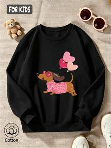 Cotton Girls' Round-Neck Pullover Hoodie, Relaxed Fit For Autumn And Winter, Featuring A Cute Dachshund Design, With A Sweet And Charming Preppy Style - Black - View 3