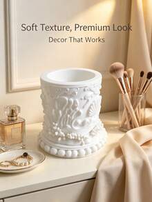 Retro Relief Makeup Brush Storage Tube, Multifunctional Desktop Storage Box, , Desktop Decoration, White Ocean Carved Makeup Brush Tube, Multifunctional Desktop Dressing Table Storage, Bedroom Bathroom Desktop Home Decoration Storage Tube - Multicolor - View 3