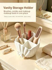 1pc 4-Compartment Toothbrush Holder/Storage Rack, Toothpaste, Makeup Brush Storage Box, Bowknot Lace Shell Design 4-Compartment Toothbrush Holder, Desktop Small Item Sorting Storage Basket, Black/White Storage Rack, Bedroom/Living Room/Desktop Decorative Storage Box, Suitable For Living Room, Desktop, Study Bedroom, Back To School Season, Holiday Decoration, Housewarming Gift Essential, Christmas, New Year Gift Best Choice - Multicolor - View 4