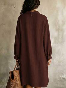 Elegant French Style Solid Color Casual Front Button Design Daily Beach Vacation Spring Autumn Women's Dress - Rust Brown - View 2