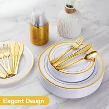 175 Count Gold Dinnerware Set For 25 Guests - Gold Rimmed White Disposable Plastic Plates Heavy Duty, Includes 25 Dinner & Salad Plates, Cups, Cutlery Set For Wedding Parties - Gold - View 1