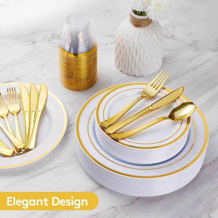 175 Count Gold Dinnerware Set For 25 Guests - Gold Rimmed White Disposable Plastic Plates Heavy Duty, Includes 25 Dinner & Salad Plates, Cups, Cutlery Set For Wedding Parties - Gold - View 1
