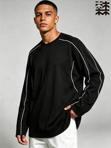 mulinsen Men's Black Loose Fit Long Sleeve T-Shirt With Line Patchwork Crew Neck - Black - View 3