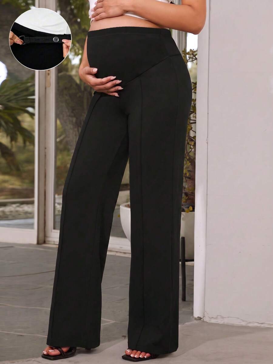 Solid Color Maternity Flare Pants With Adjustable Waist - Black - View 1