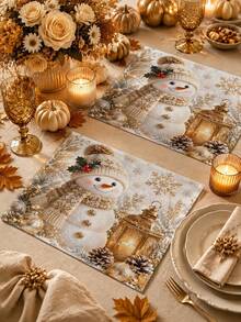 Christmas Table Runner, Throw Pillow, Placemat, Vintage Gold Tone Snowman Lantern Pine Cone Snowflake Holly Print, Kitchen Dining Room Holiday Tabletop Decor - Multicolor - View 4