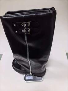 Women's Wide Toe Box Thick Sole High Shaft Slouch Boots With Belt Buckle Decor, Inner Zipper, Loose Wide Leg Opening, Motorcycle Style Long Boots, Autumn - Black Leather Zipper - View 8