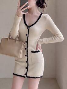 Gaun Sweater Mini Rajut Wanita, Desain Renda, Lengan Panjang, Potongan Ramping, Busana Modis untuk Musim Gugur/Dingin - Aprikot - View 5