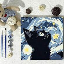 1pc Starry Sky Cat DIY Digital Oil Painting, Black Cat Hand-Painted Number Fill-In Decorative Painting With Inner Frame, Stress Relief Gift For Friends, Suitable For Holiday Parties - Sets - View 5