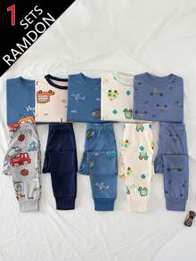 5 Sets Send 1 Set Random Color Boys Cartoon Underwear Set Cute Print Medium Thick Long Sleeve Long Pants Loungewear Set Print Autumn Top And Bottom - Multicolor - View 1