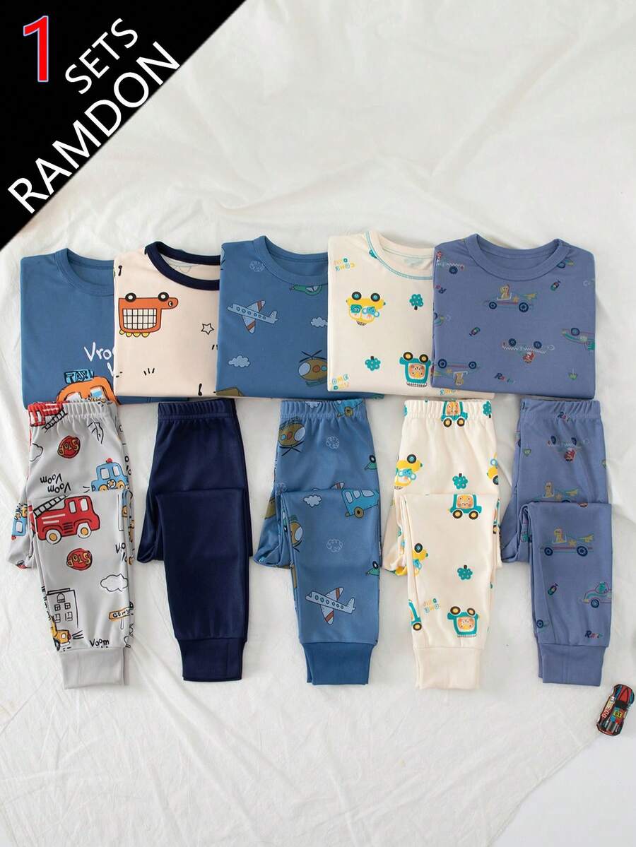 5 Sets Send 1 Set Random Color Boys Cartoon Underwear Set Cute Print Medium Thick Long Sleeve Long Pants Loungewear Set Print Autumn Top And Bottom - Multicolor - View 1